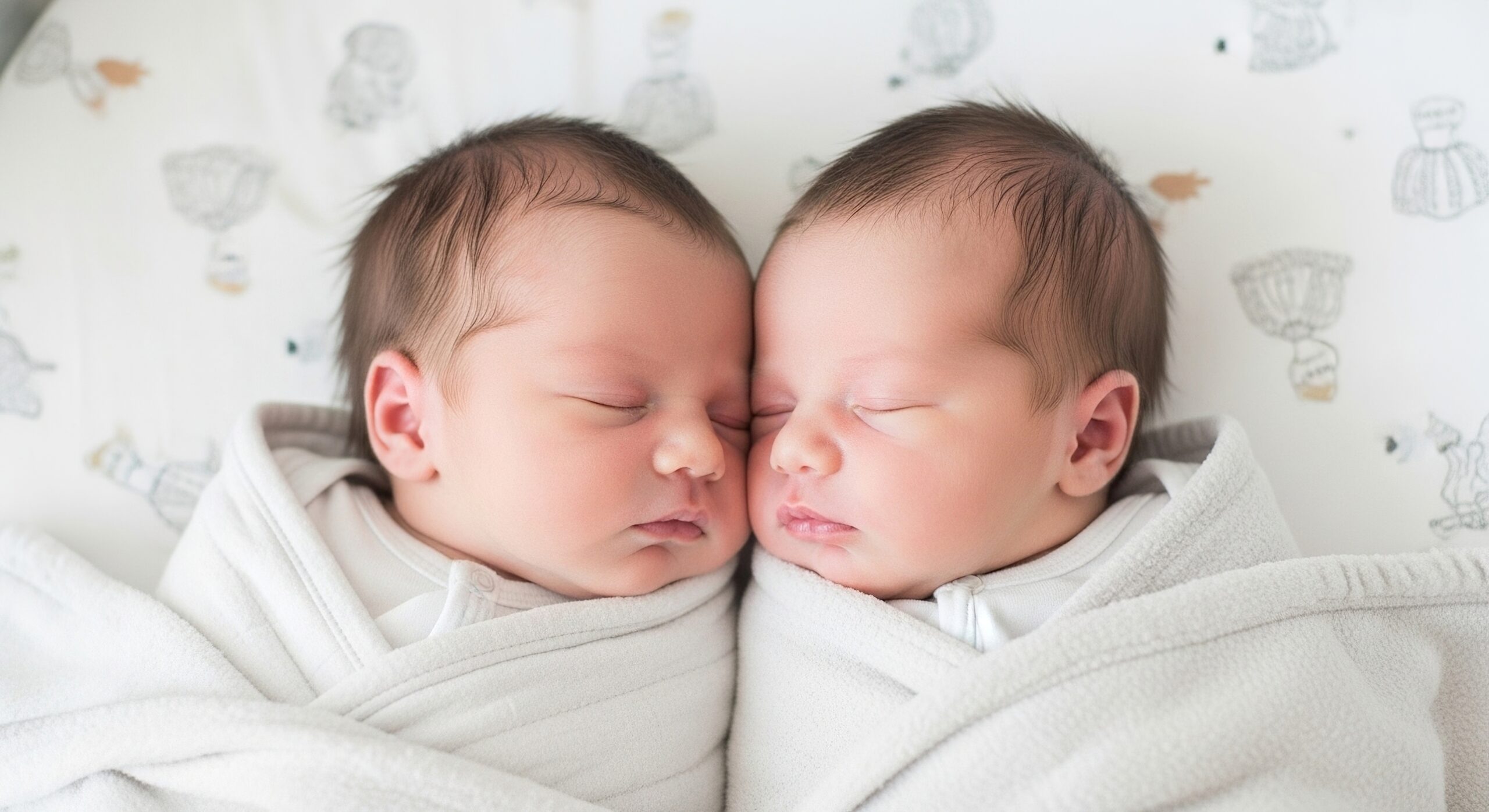 two newborn babies sleeping peacefully, swaddled in soft blankets