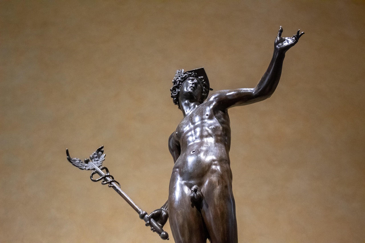 hermes, statue, mercury, god, ancient, mythology, messenger, deity, figure, communication, strategic, symbol, art, renaissance, metal, greek, roman, peloponnese, mediterranean, inspirational, brown community, brown god, brown communication, brown inspiration